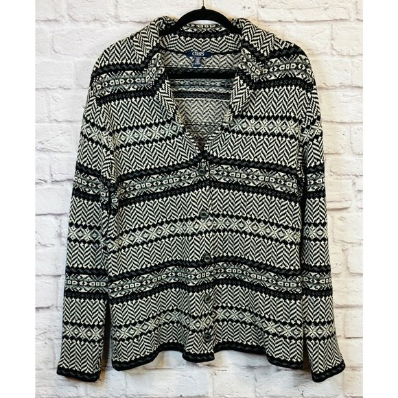 Chaps Women's Black & White Collar Sweater Cardigan Fair Isle Geometric Print XL - Picture 1 of 8